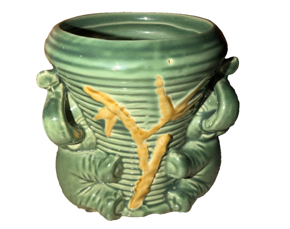 Vintage Green Ceramic Elephant Planter Majolica Style